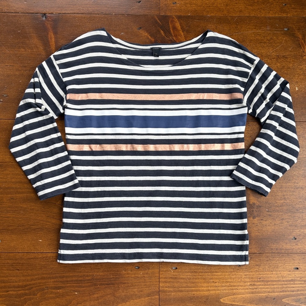 J Crew Navy Striped 3/4 Sleeve Shirt Sz M